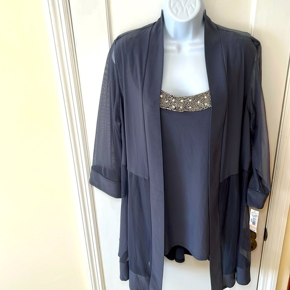NWT Mesh Jacket Tank Top Women’s 14 W Grey Mocked Beaded Jeweled Sheer Formal - Picture 1 of 17